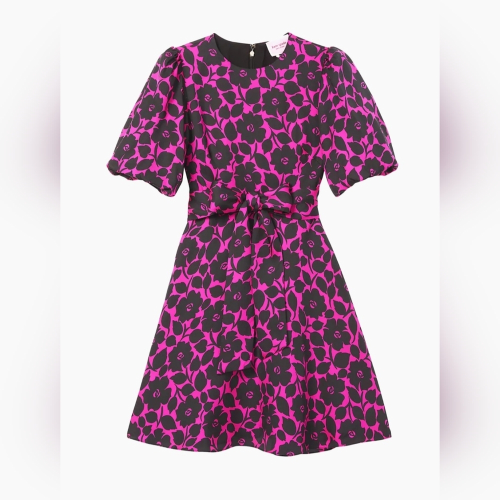 kate spade Pink and Black Floral Short Sleeve Fit-and-Flare Dress
